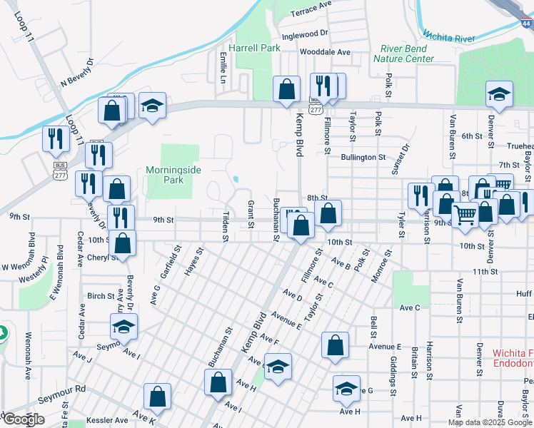 map of restaurants, bars, coffee shops, grocery stores, and more near 2704 9th Street in Wichita Falls