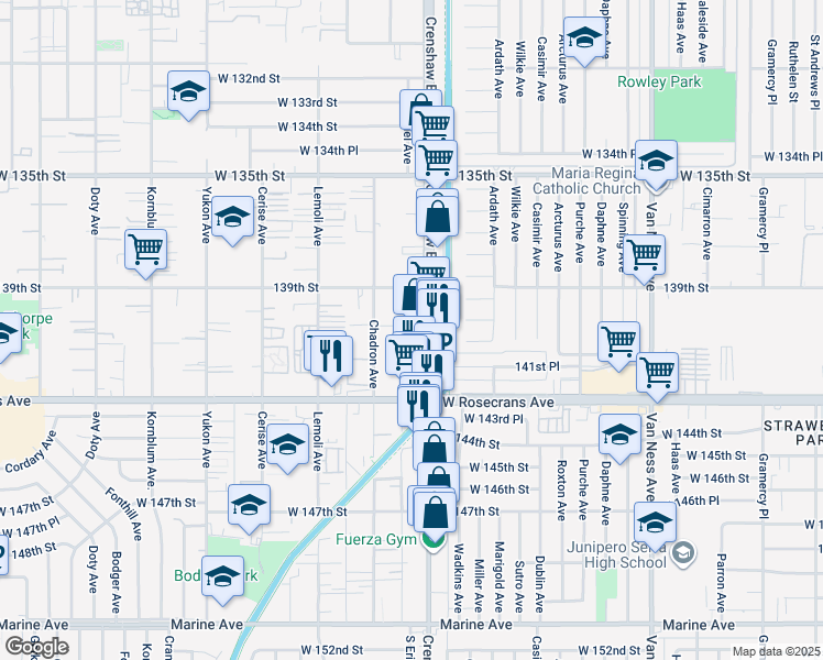map of restaurants, bars, coffee shops, grocery stores, and more near 14005 Crenshaw Boulevard in Hawthorne