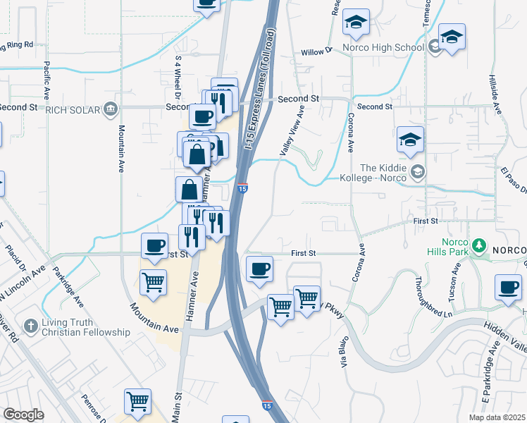 map of restaurants, bars, coffee shops, grocery stores, and more near 1510 Valley View Avenue in Norco