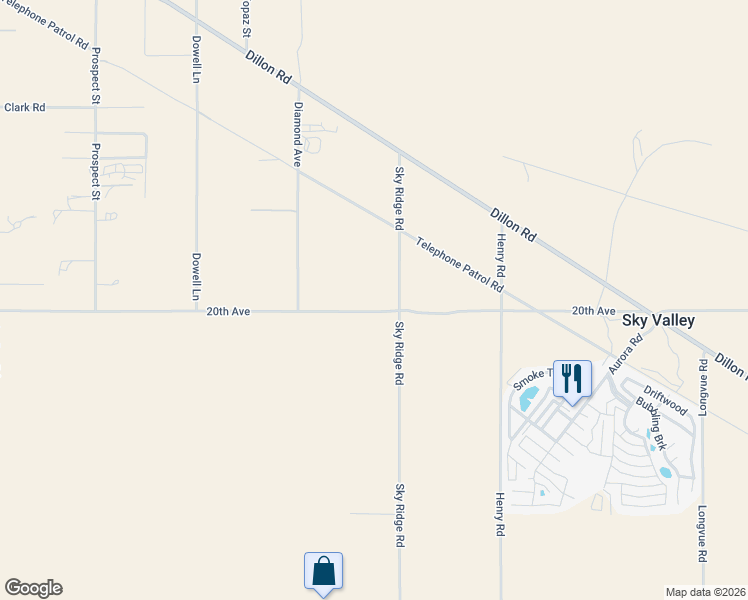map of restaurants, bars, coffee shops, grocery stores, and more near 19975 Sky Ridge Road in Desert Hot Springs