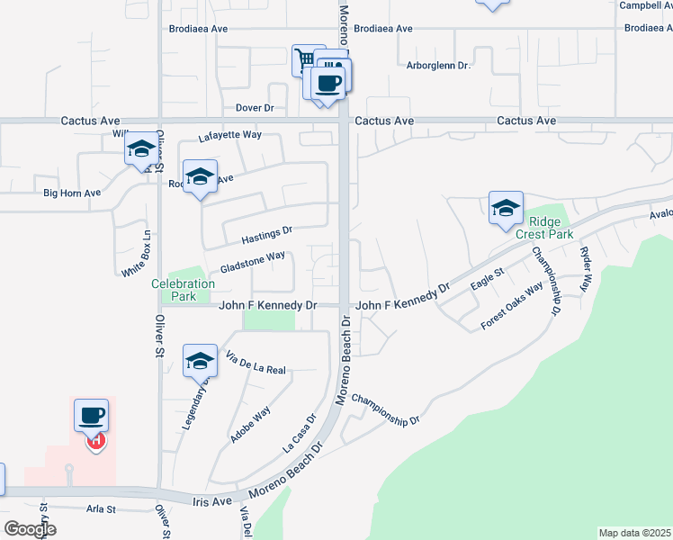 map of restaurants, bars, coffee shops, grocery stores, and more near 27964 John F Kennedy Drive in Moreno Valley