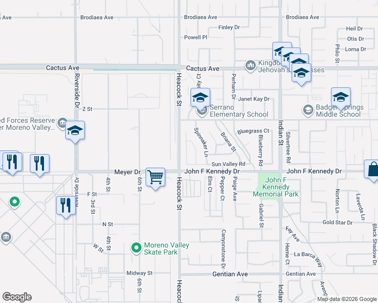 map of restaurants, bars, coffee shops, grocery stores, and more near 14870 Lavender Lane in Moreno Valley