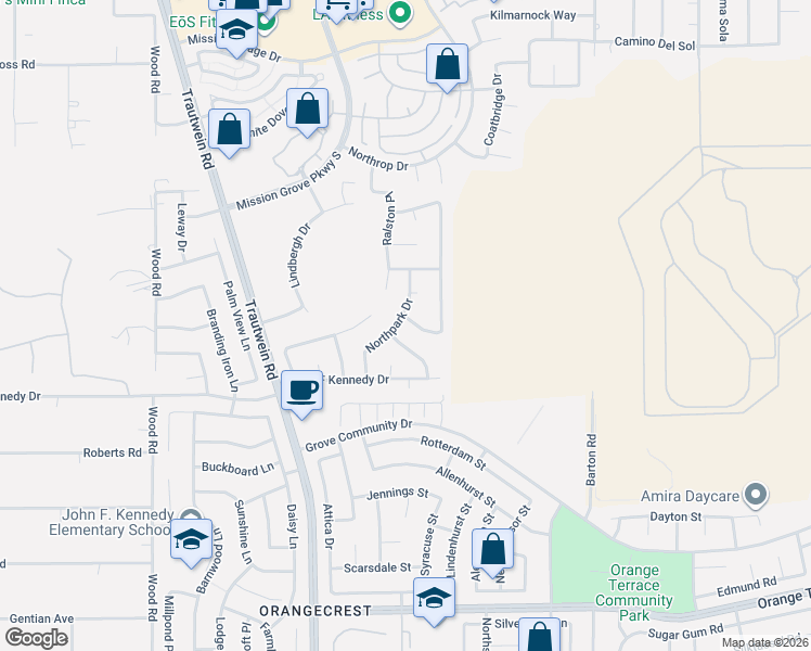 map of restaurants, bars, coffee shops, grocery stores, and more near 19618 Crestmont Place in Riverside