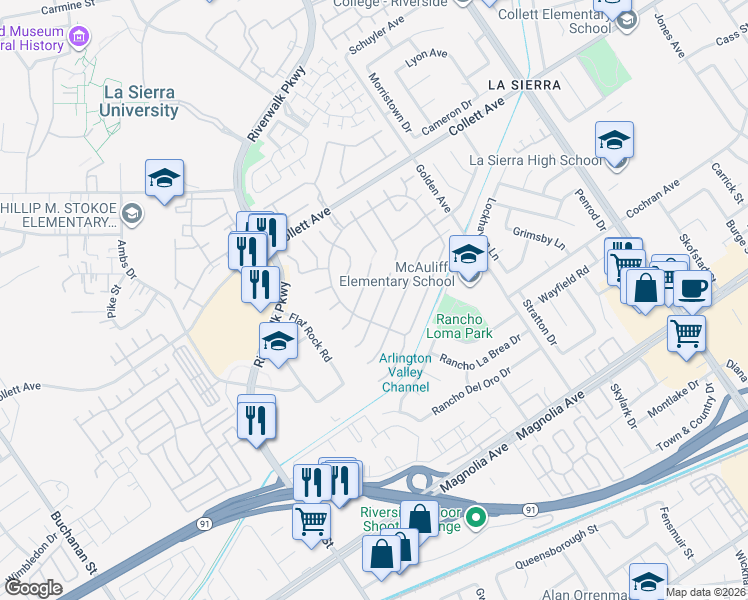 map of restaurants, bars, coffee shops, grocery stores, and more near 11488 Brookrun Court in Riverside
