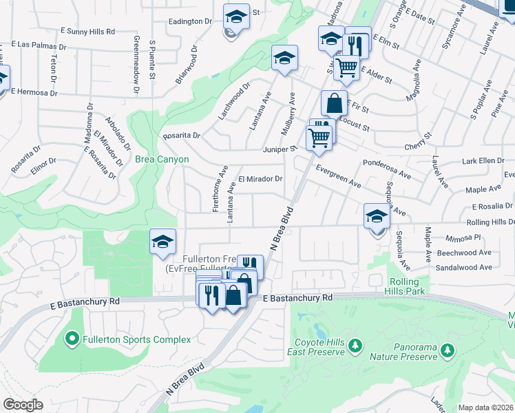 map of restaurants, bars, coffee shops, grocery stores, and more near 1048 San Antonio Avenue in Fullerton