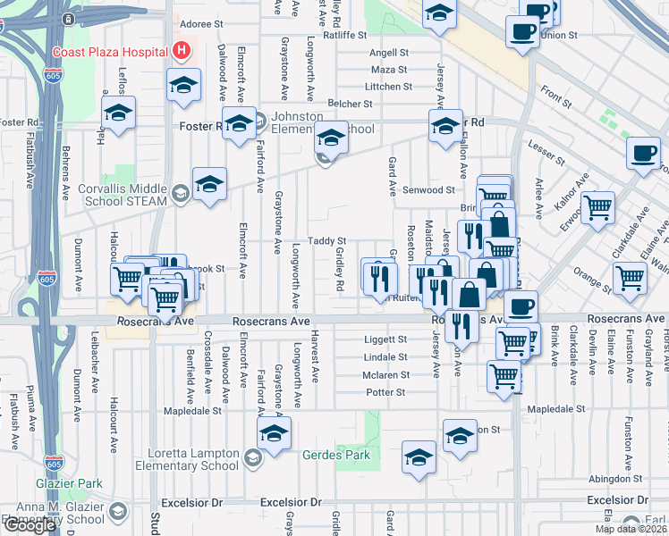 map of restaurants, bars, coffee shops, grocery stores, and more near 11334 Crestbrook Street in Norwalk