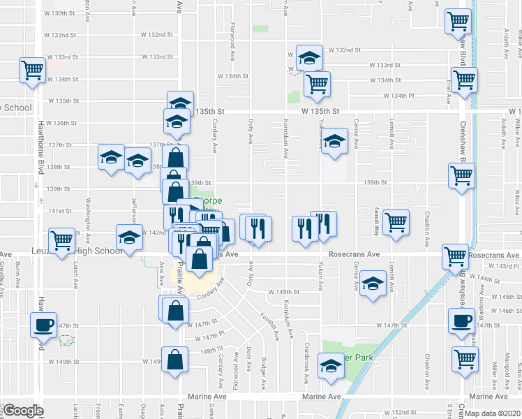 map of restaurants, bars, coffee shops, grocery stores, and more near 13937 Doty Avenue in Hawthorne