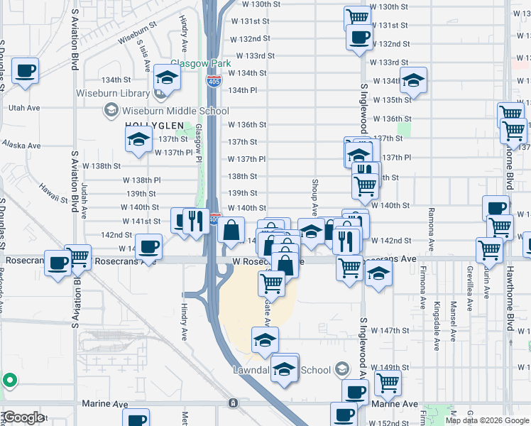 map of restaurants, bars, coffee shops, grocery stores, and more near 5021 West 140th Street in Hawthorne
