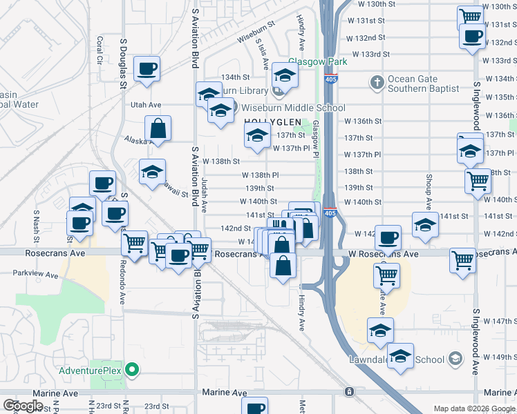 map of restaurants, bars, coffee shops, grocery stores, and more near 5429 West 140th Street in Hawthorne