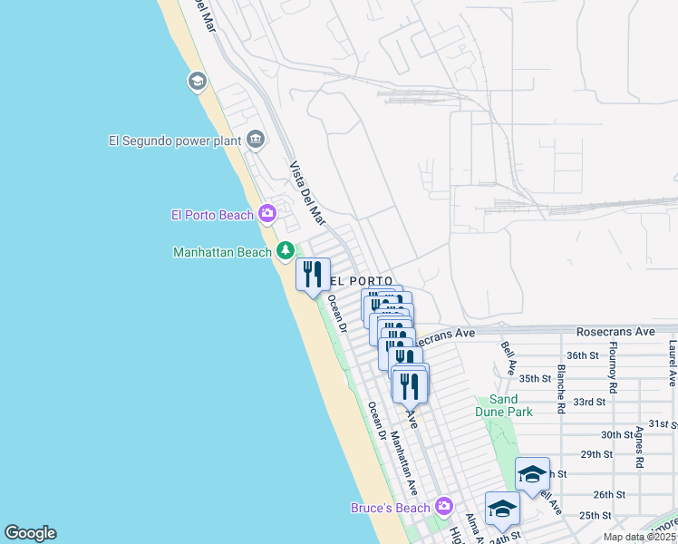 map of restaurants, bars, coffee shops, grocery stores, and more near 209 43rd Street in Manhattan Beach