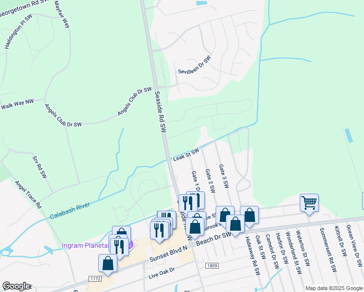 map of restaurants, bars, coffee shops, grocery stores, and more near 1401 Seaside Road Southwest in Sunset Beach