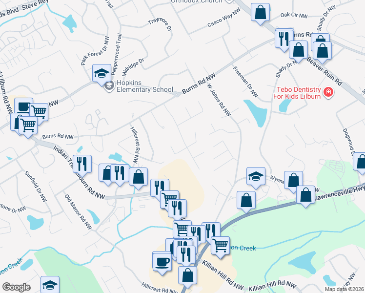 map of restaurants, bars, coffee shops, grocery stores, and more near 678 Springwood Drive Northwest in Lilburn
