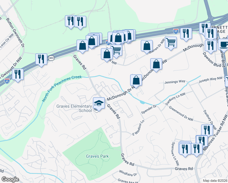 map of restaurants, bars, coffee shops, grocery stores, and more near 1811 Brookside Lay Circle in Norcross