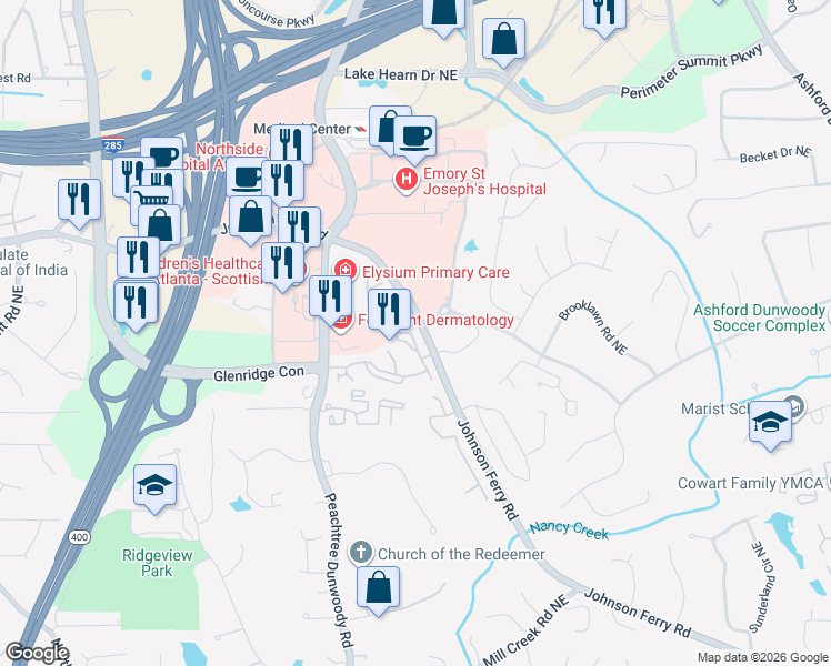 map of restaurants, bars, coffee shops, grocery stores, and more near 5478 Glenridge View Northeast in Atlanta