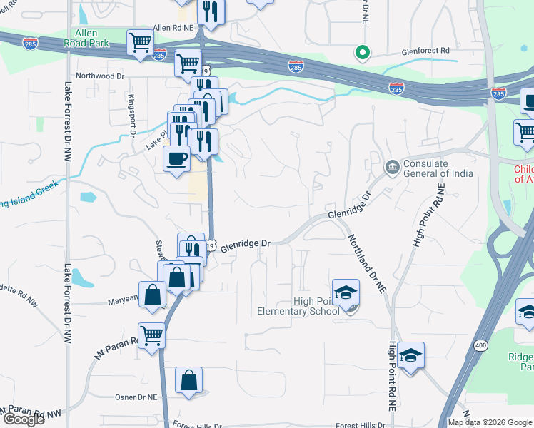 map of restaurants, bars, coffee shops, grocery stores, and more near 367 Tall Oaks Drive Northeast in Atlanta