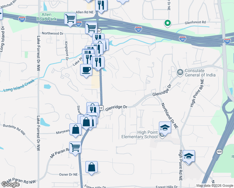 map of restaurants, bars, coffee shops, grocery stores, and more near 327 Tall Oaks Drive Northeast in Atlanta