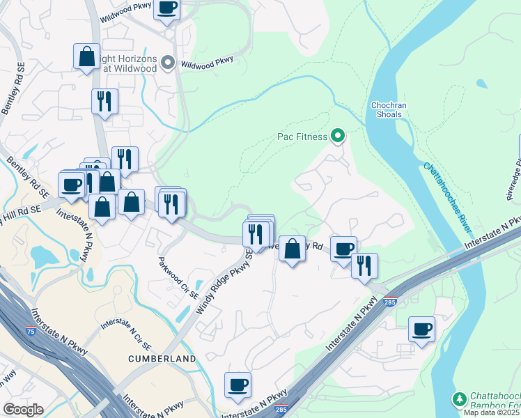map of restaurants, bars, coffee shops, grocery stores, and more near 3301 Windy Ridge Parkway Southeast in Atlanta