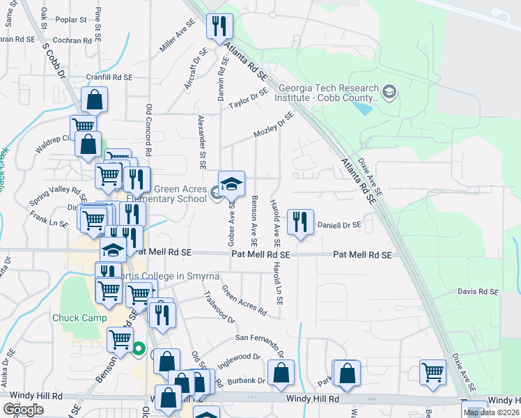 map of restaurants, bars, coffee shops, grocery stores, and more near 2005 Benson Avenue Southeast in Smyrna