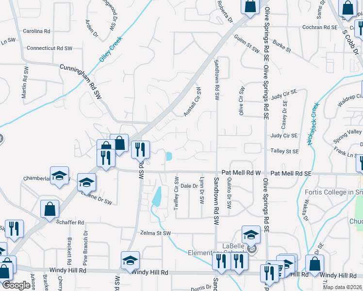map of restaurants, bars, coffee shops, grocery stores, and more near 2157 Windstream Way in Marietta