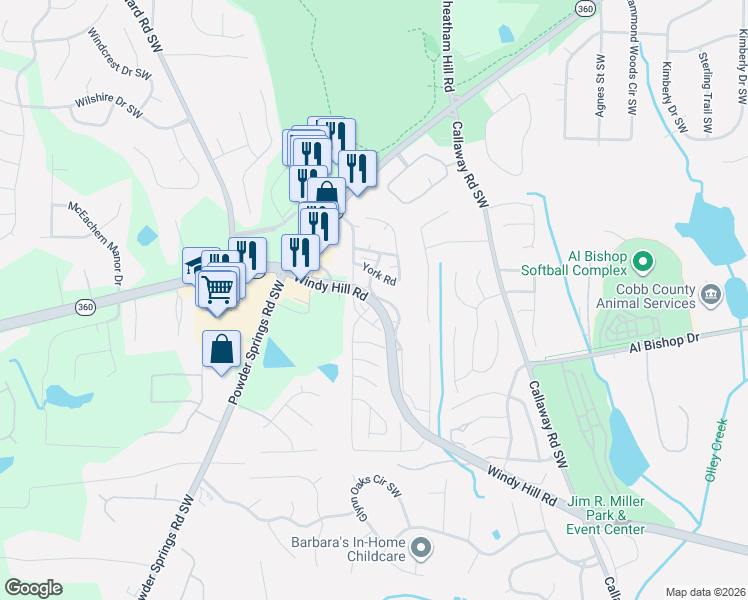 map of restaurants, bars, coffee shops, grocery stores, and more near 257 Eastgate Circle Southwest in Marietta