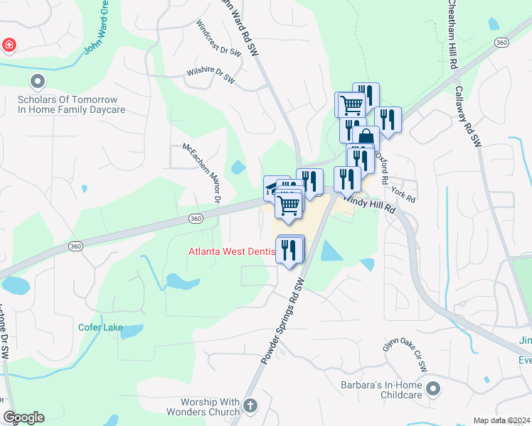 map of restaurants, bars, coffee shops, grocery stores, and more near 2005 MacLand Square Drive in Marietta