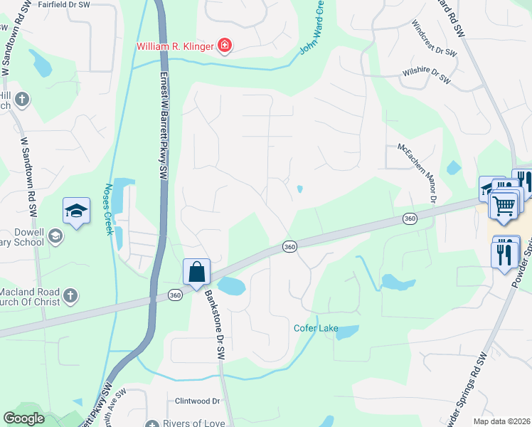 map of restaurants, bars, coffee shops, grocery stores, and more near 2011 Clay Drive Southwest in Marietta