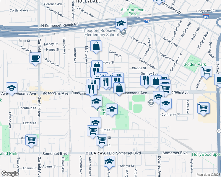 map of restaurants, bars, coffee shops, grocery stores, and more near 8043 Rosecrans Avenue in Paramount
