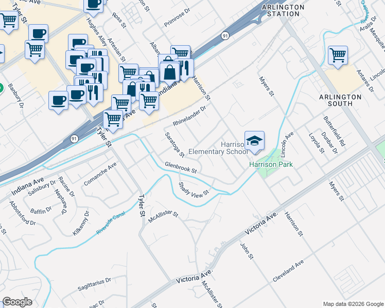 map of restaurants, bars, coffee shops, grocery stores, and more near 10050 Fox Street in Riverside