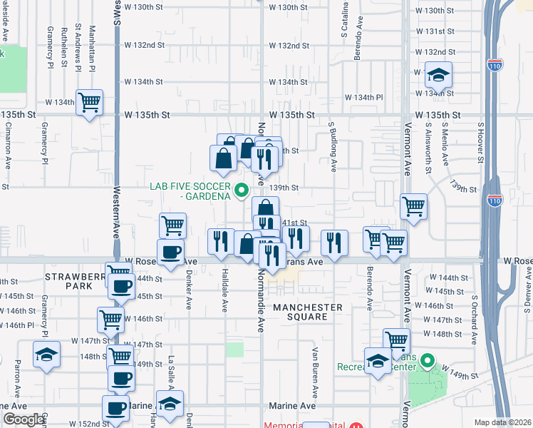 map of restaurants, bars, coffee shops, grocery stores, and more near 1420 Azalea Circle in Gardena
