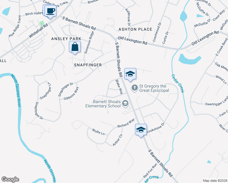 map of restaurants, bars, coffee shops, grocery stores, and more near 130 Blake Way in Athens