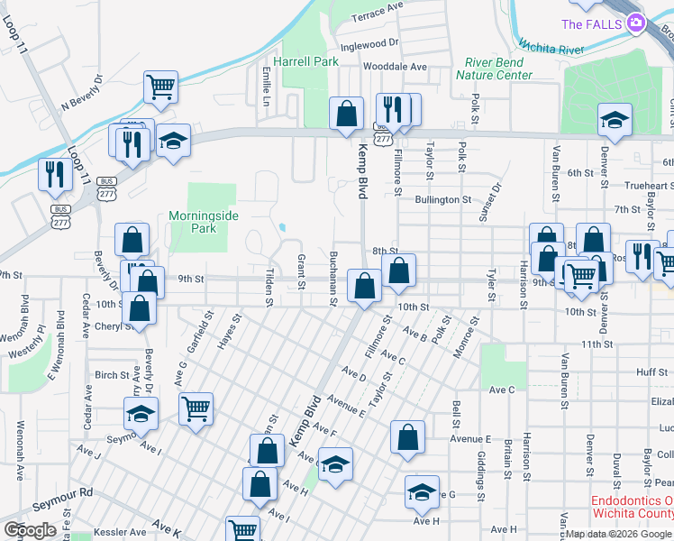 map of restaurants, bars, coffee shops, grocery stores, and more near 2704 9th Street in Wichita Falls