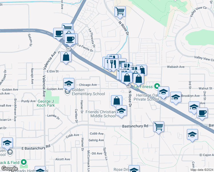 map of restaurants, bars, coffee shops, grocery stores, and more near 2433 Villena Way in Placentia