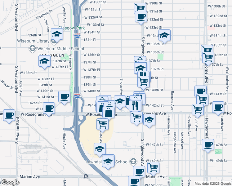 map of restaurants, bars, coffee shops, grocery stores, and more near 4921 West 140th Street in Hawthorne