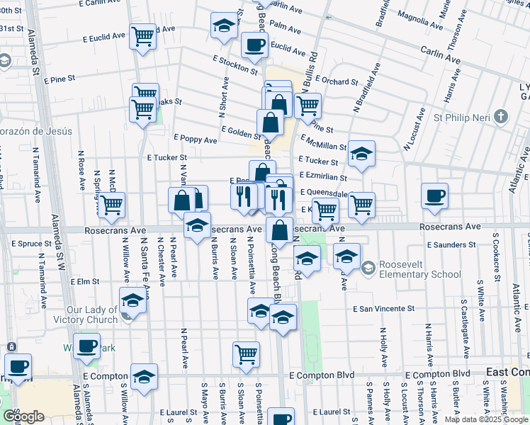 map of restaurants, bars, coffee shops, grocery stores, and more near 1203 North Long Beach Boulevard in Compton