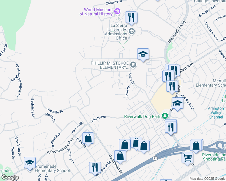 map of restaurants, bars, coffee shops, grocery stores, and more near 12006 Pike Street in Riverside