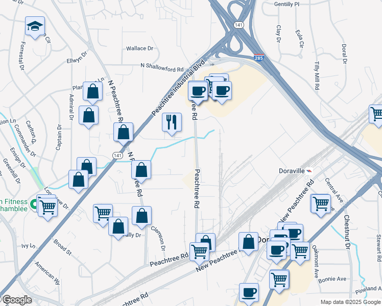 map of restaurants, bars, coffee shops, grocery stores, and more near 5936 Peachtree Road in Atlanta