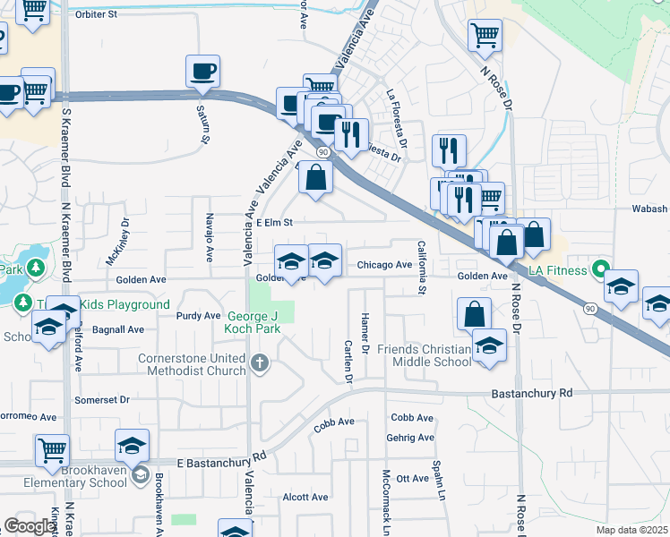 map of restaurants, bars, coffee shops, grocery stores, and more near 792 Ottawa Drive in Placentia