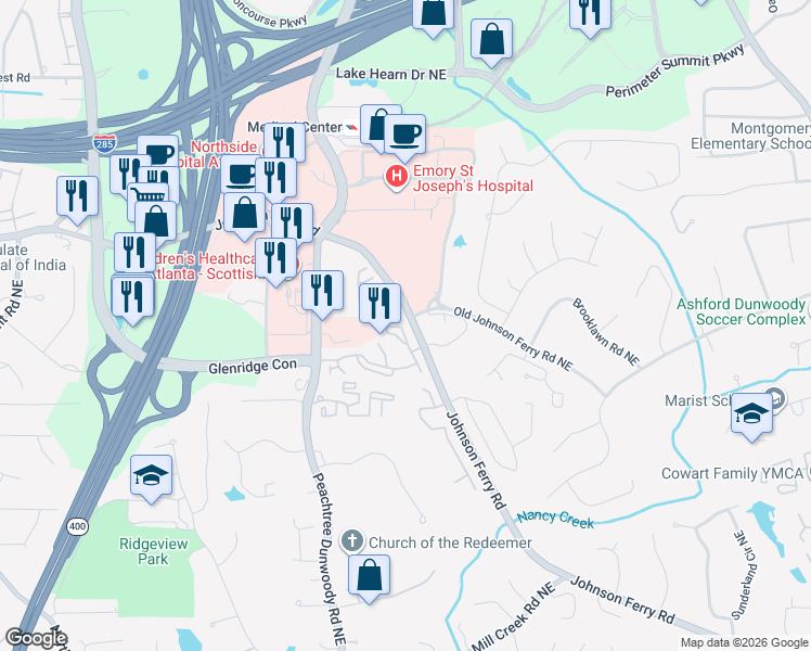map of restaurants, bars, coffee shops, grocery stores, and more near 5478 Glenridge View Northeast in Atlanta