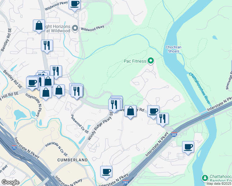 map of restaurants, bars, coffee shops, grocery stores, and more near 3301 Windy Ridge Parkway Southeast in Atlanta