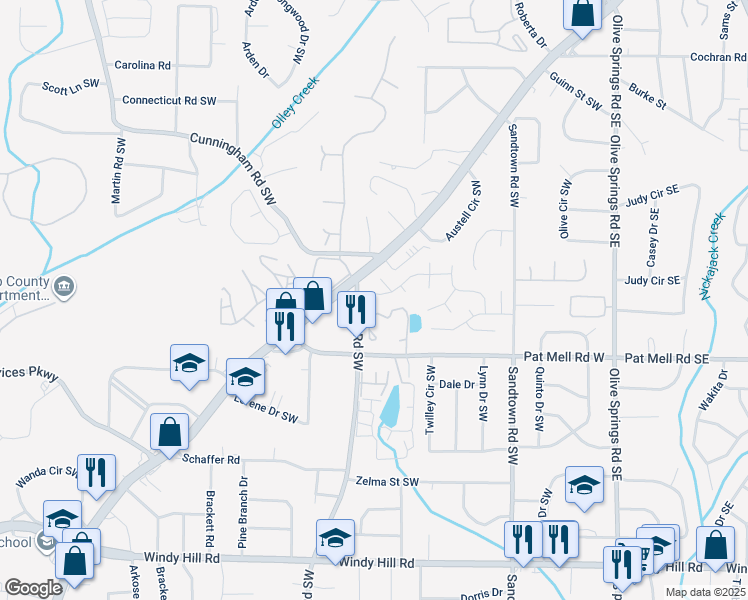 map of restaurants, bars, coffee shops, grocery stores, and more near 431 Windstream Drive Southwest in Marietta