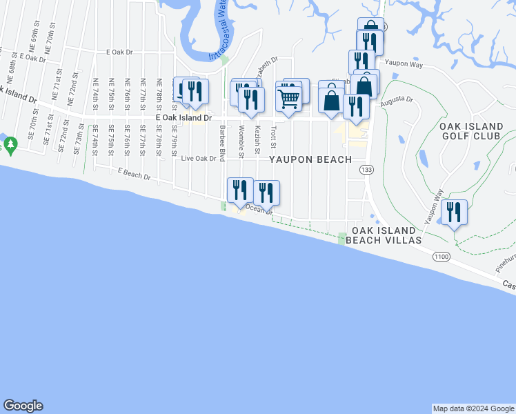 map of restaurants, bars, coffee shops, grocery stores, and more near 700 Ocean Drive in Oak Island