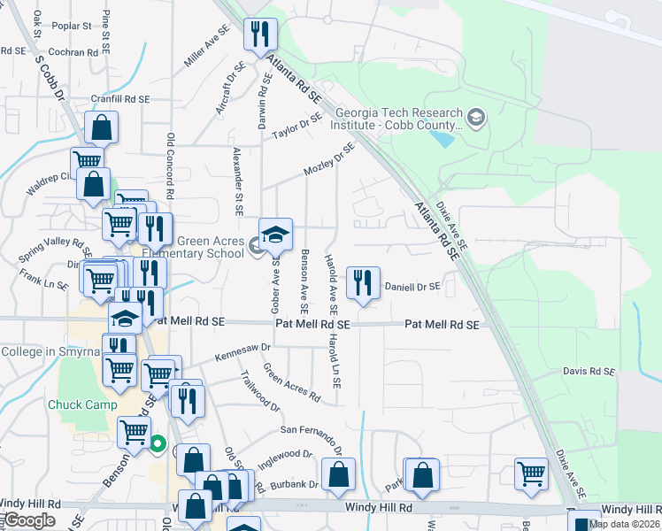 map of restaurants, bars, coffee shops, grocery stores, and more near 1996 Harold Ave in Smyrna
