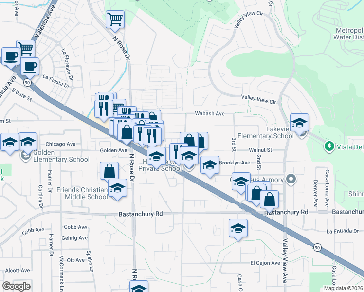 map of restaurants, bars, coffee shops, grocery stores, and more near 16997 Copperleaf Court in Yorba Linda