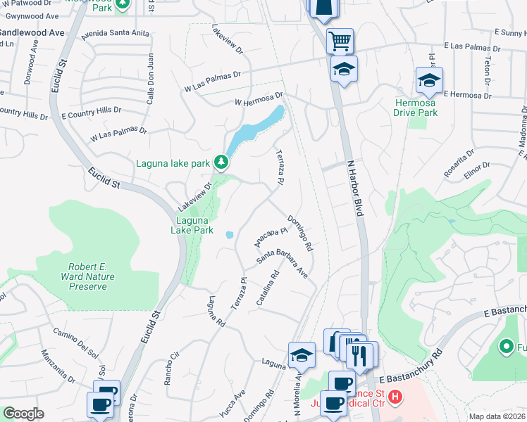 map of restaurants, bars, coffee shops, grocery stores, and more near 2960 Terraza Place in Fullerton