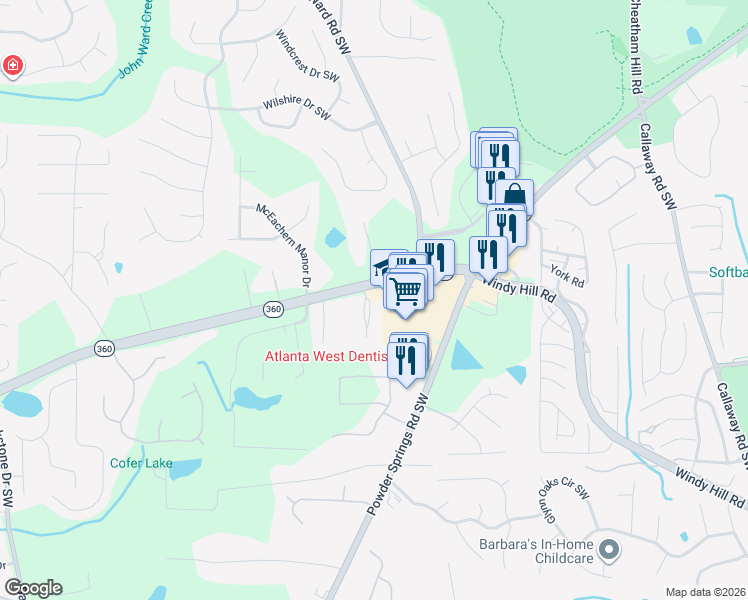 map of restaurants, bars, coffee shops, grocery stores, and more near 2005 MacLand Square Drive in Marietta