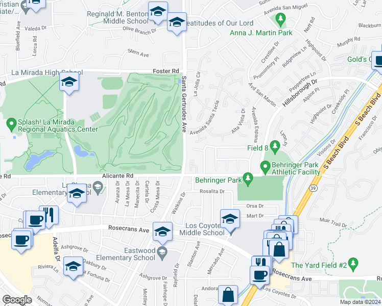 map of restaurants, bars, coffee shops, grocery stores, and more near 15816 La Pena Avenue in La Mirada