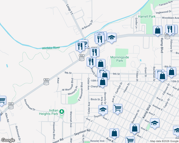 map of restaurants, bars, coffee shops, grocery stores, and more near 509-591 Beverly Drive in Wichita Falls