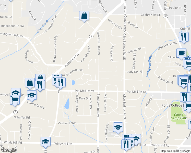 map of restaurants, bars, coffee shops, grocery stores, and more near Summer Gate Court Southwest in Marietta