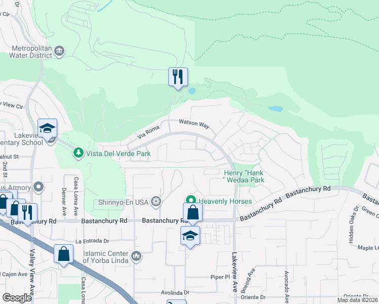 map of restaurants, bars, coffee shops, grocery stores, and more near 18150 Spyglass Hill in Yorba Linda