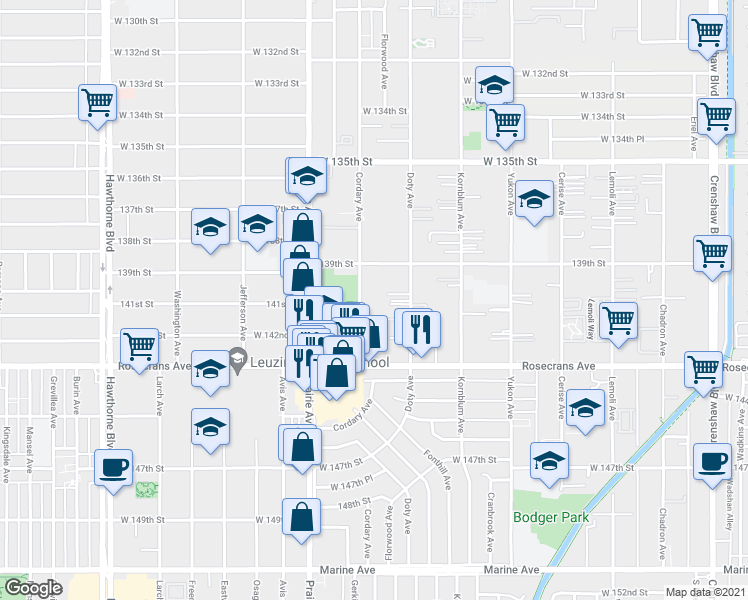 map of restaurants, bars, coffee shops, grocery stores, and more near 13926 Cordary Avenue in Hawthorne
